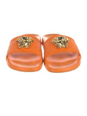 Versace Orange Slides with Gold Medusa Emblem